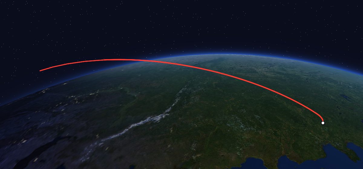 Zenit-4MKM 36: the flight path in 3D, from the pad to orbit, seen from space