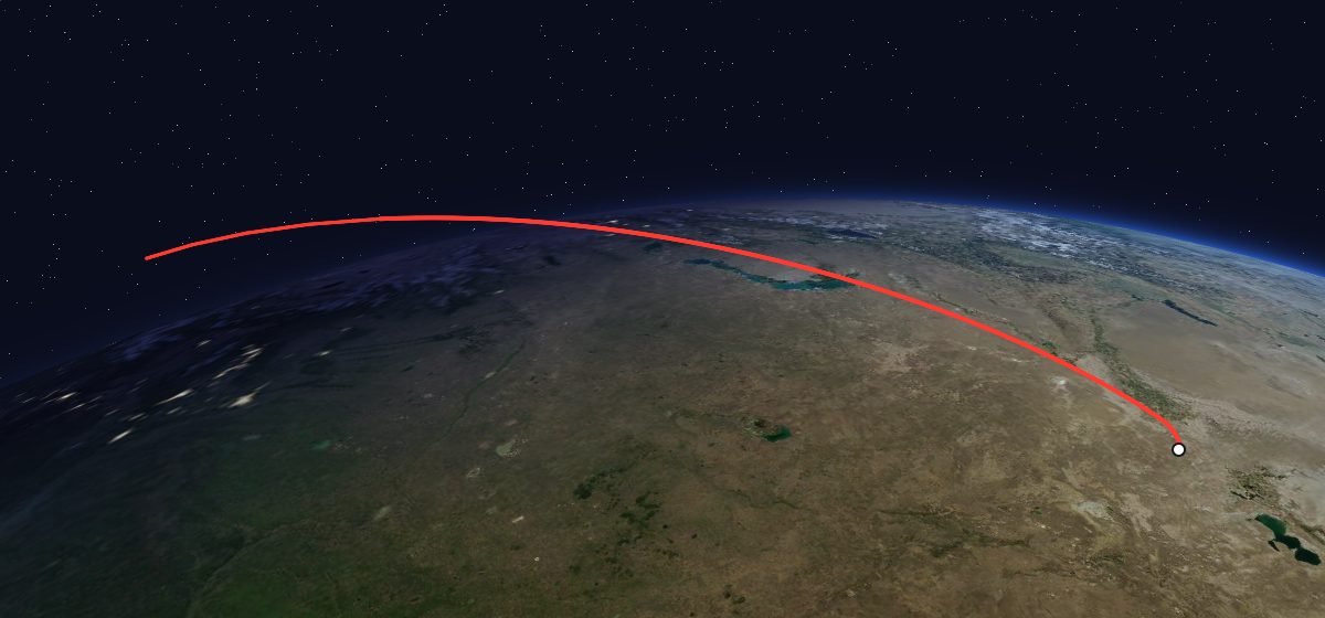 The flight path of Soyuz T-14 drawn on a map