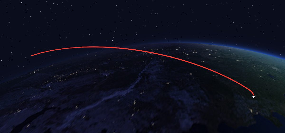 Yantar-2K 4: the flight path in 3D, from the pad to orbit, seen from space