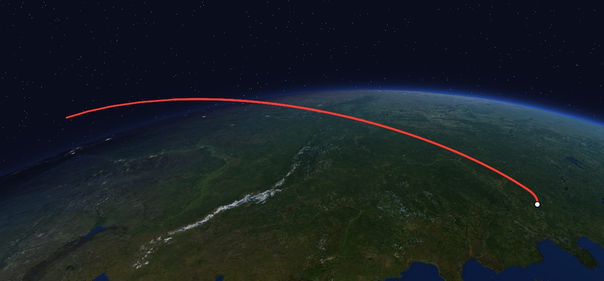 Yantar-2K 5: the flight path in 3D, from the pad to orbit, seen from space