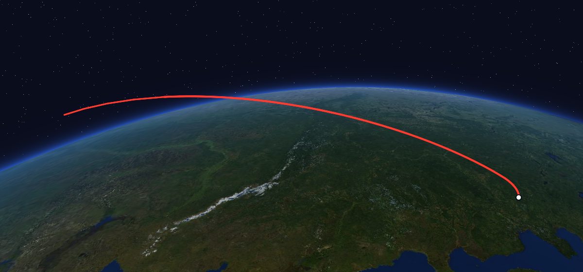 US-K 7: the flight path in 3D, from the pad to orbit, seen from space