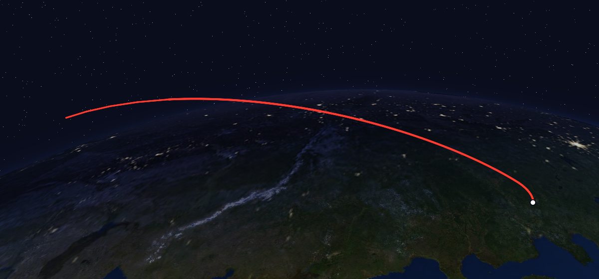 Molniya-1K 47: the flight path in 3D, from the pad to orbit, seen from space