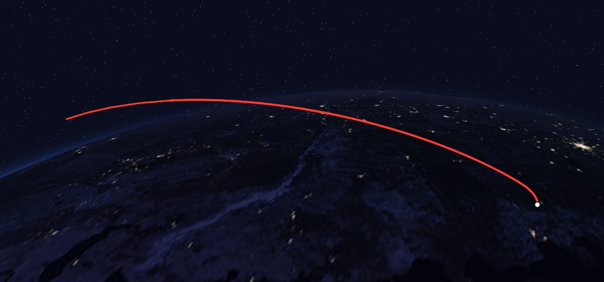 US-K 13: the flight path in 3D, from the pad to orbit, seen from space