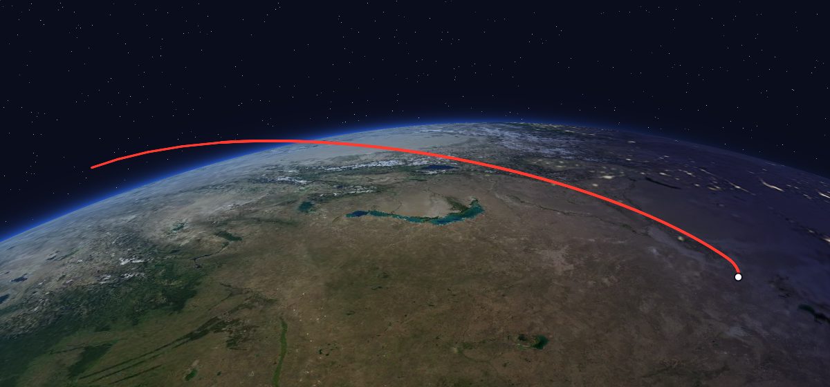 US-KMO 3: the flight path in 3D, from the pad to orbit, seen from space