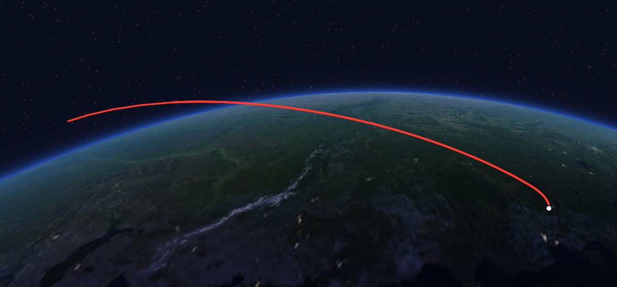 Molniya-2 4: the flight path in 3D, from the pad to orbit, seen from space