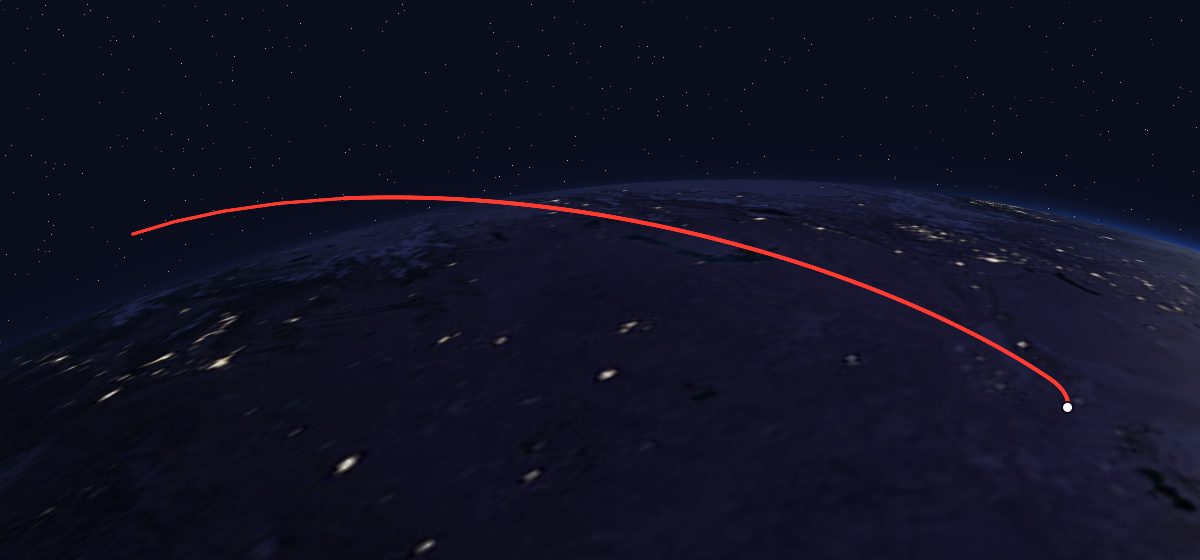 Soyuz T-1: the flight path in 3D, from the pad to orbit, seen from space