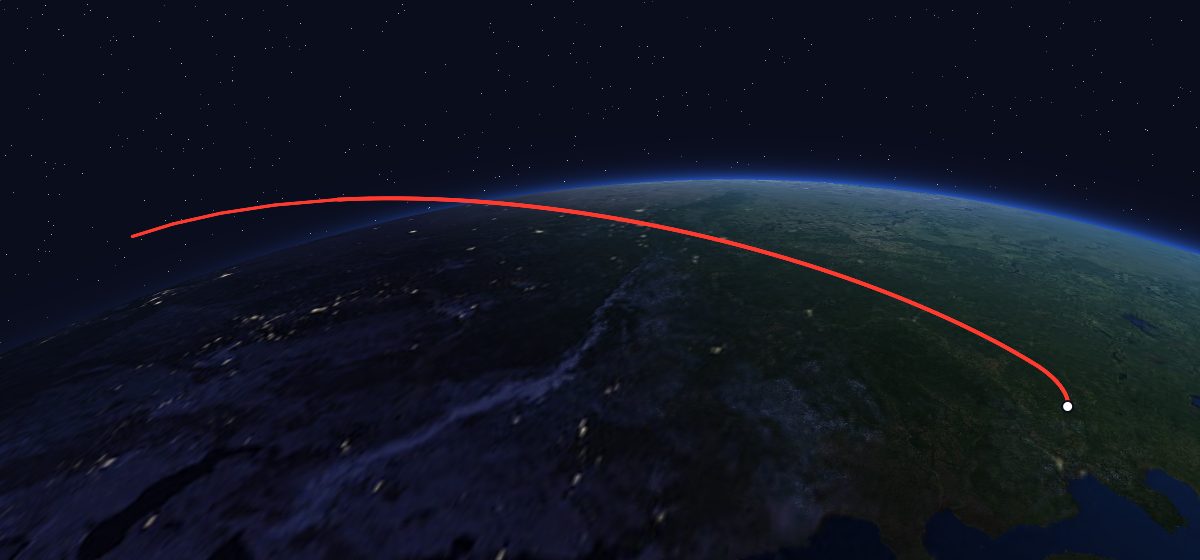 The flight path of Meteor-1 11 drawn on a map