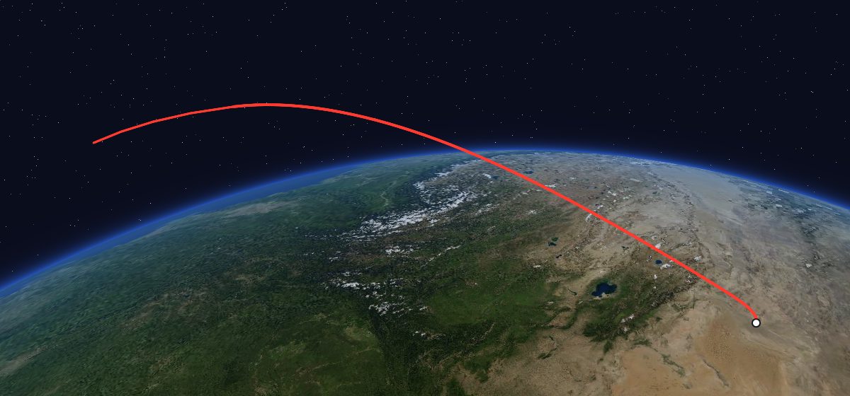 Yaogan Weixing 2: the flight path in 3D, from the pad to orbit, seen from space