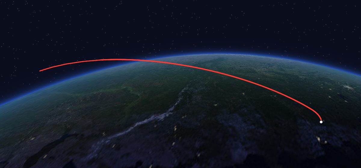 Molniya-3 17L: the flight path in 3D, from the pad to orbit, seen from space