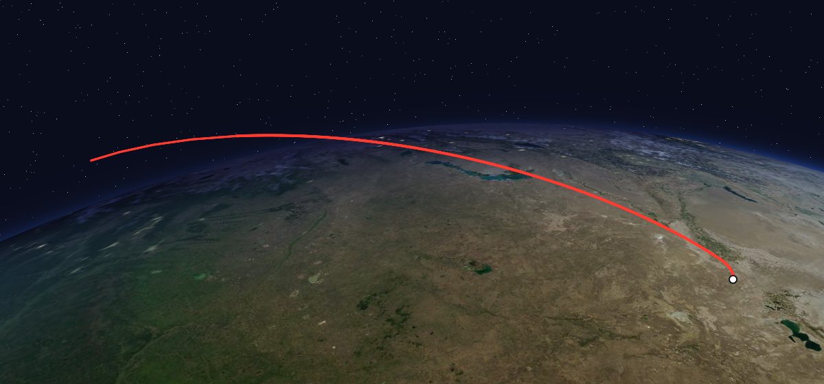 Soyuz T-2: the flight path in 3D, from the pad to orbit, seen from space