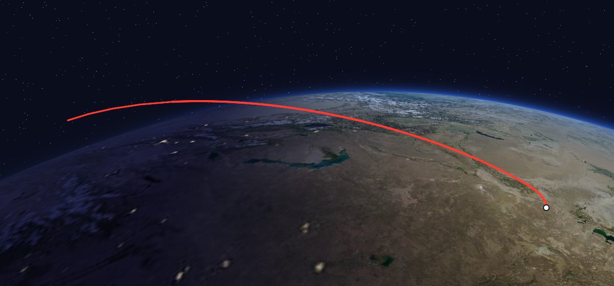 Molniya-1K 32: the flight path in 3D, from the pad to orbit, seen from space