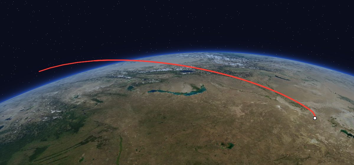 The flight path of Mars-2b drawn on a map