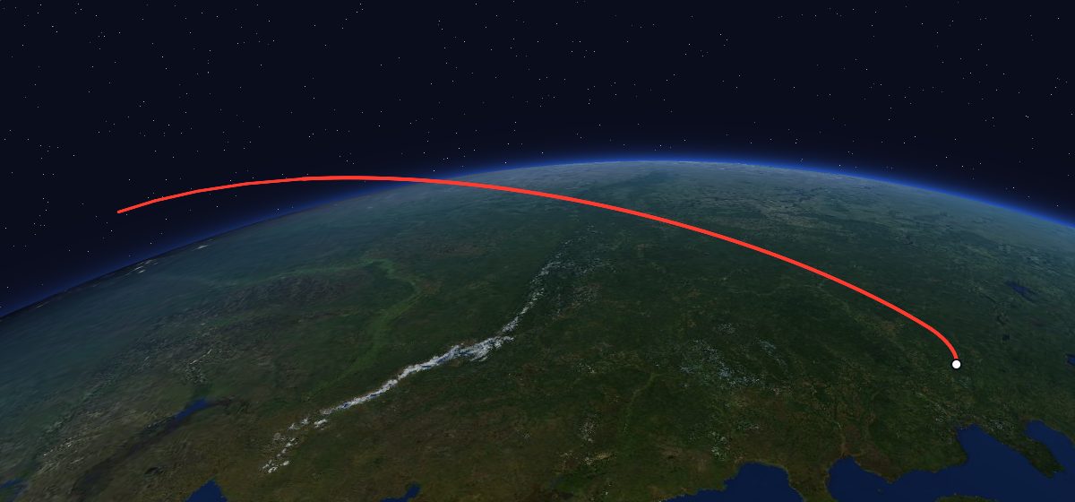 Molniya-2 2: the flight path in 3D, from the pad to orbit, seen from space