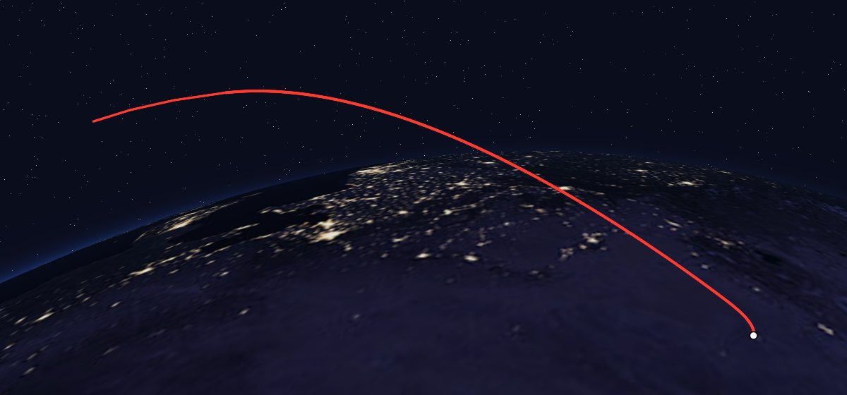 Unannounced payload: the flight path in 3D, from the pad to orbit, seen from space
