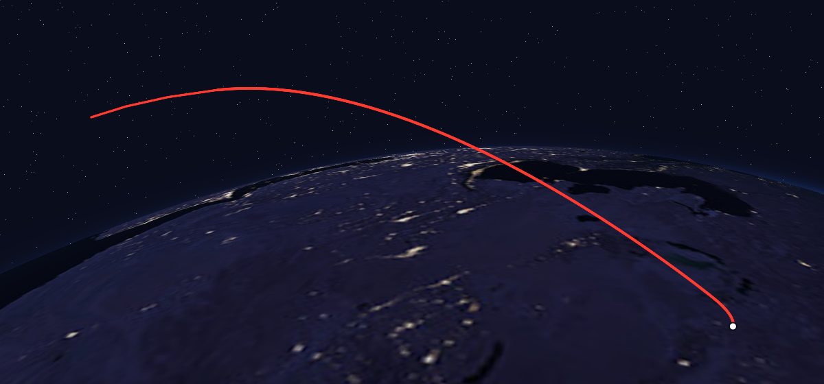 Meteor-Priroda 2-2: the flight path in 3D, from the pad to orbit, seen from space