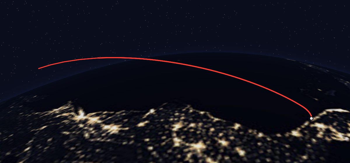 STS-76: the flight path in 3D, from the pad to orbit, seen from space