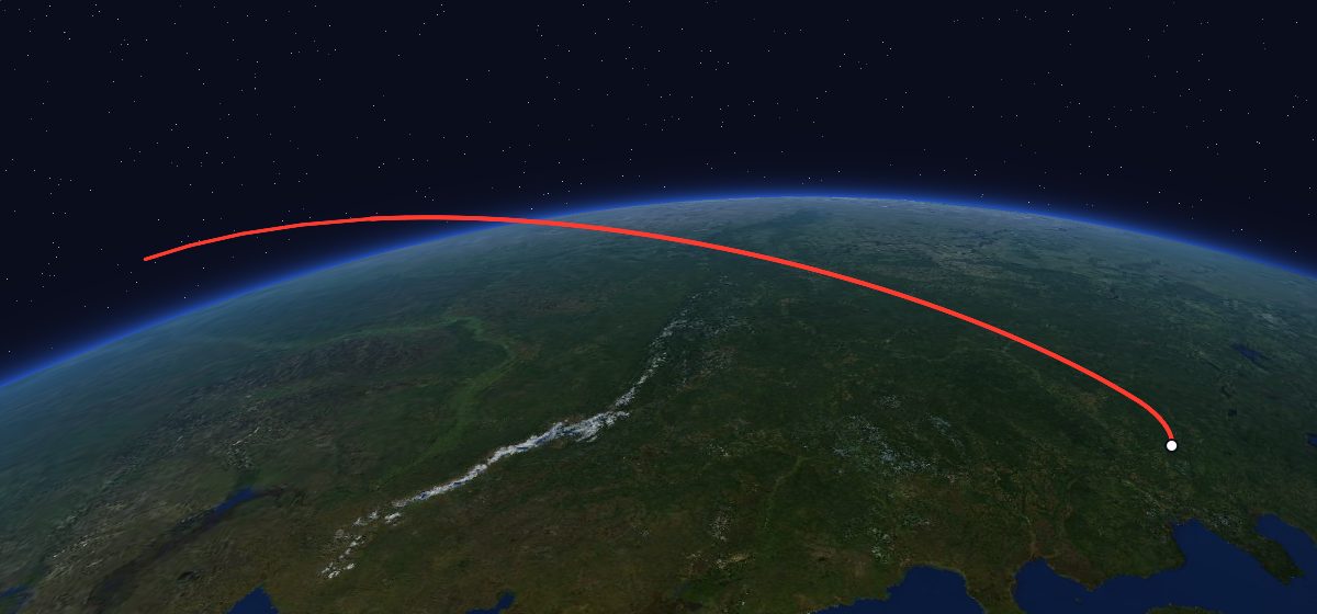 Molniya-2: the flight path in 3D, from the pad to orbit, seen from space
