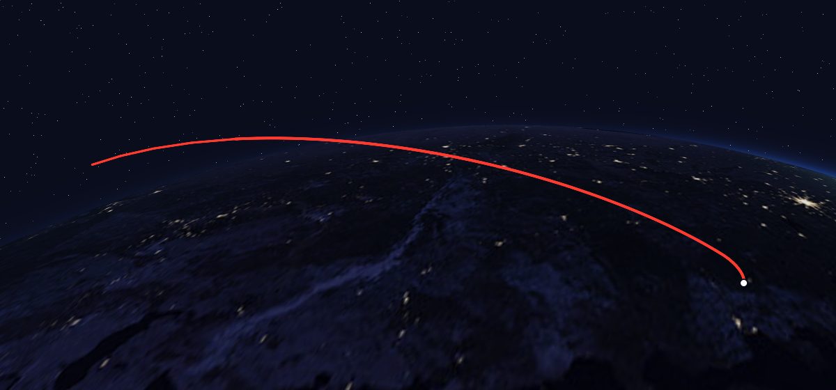 Molniya-2 17: the flight path in 3D, from the pad to orbit, seen from space