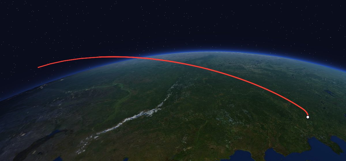 Zenit-6U 26: the flight path in 3D, from the pad to orbit, seen from space