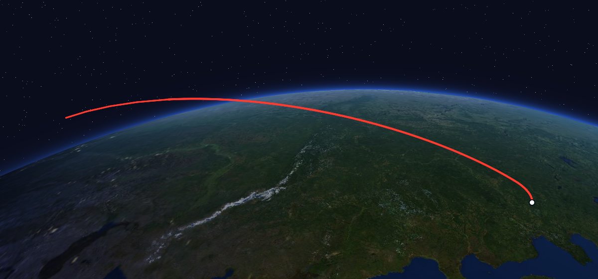 US-K 17: the flight path in 3D, from the pad to orbit, seen from space