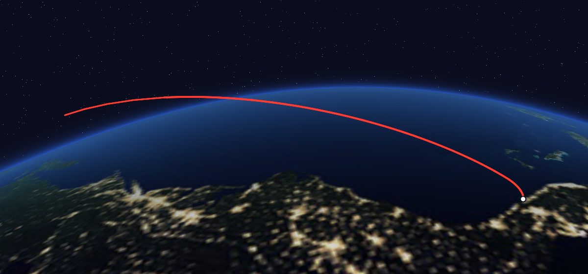 STS-60: the flight path in 3D, from the pad to orbit, seen from space