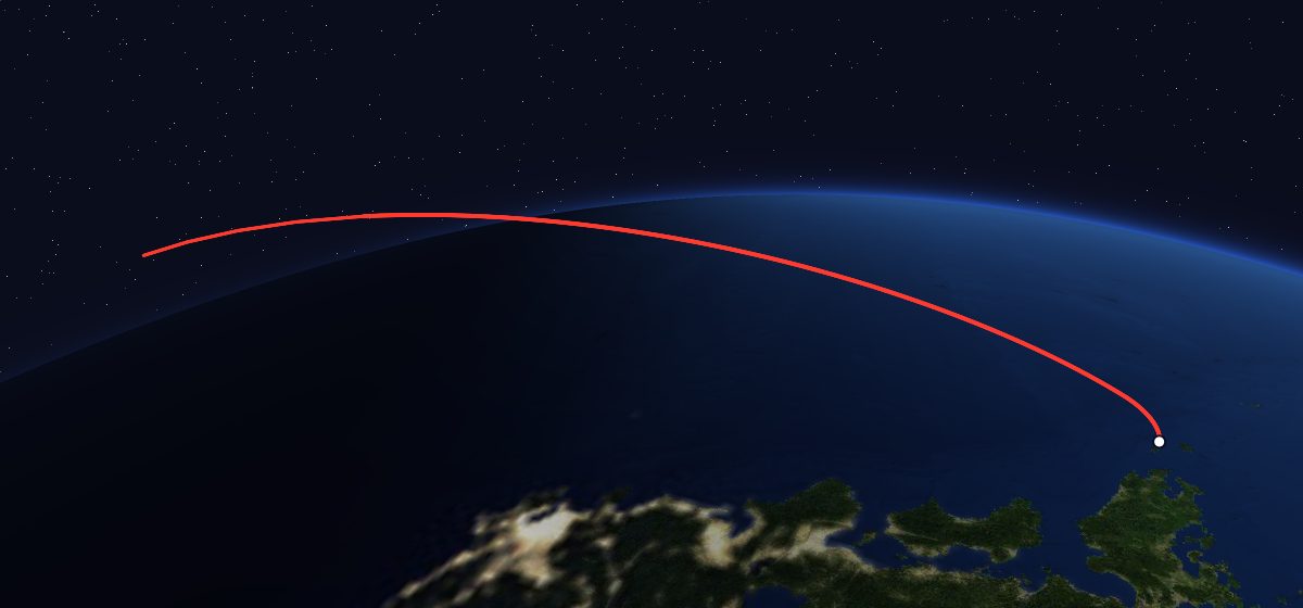 Yuri 2A: the flight path in 3D, from the pad to orbit, seen from space