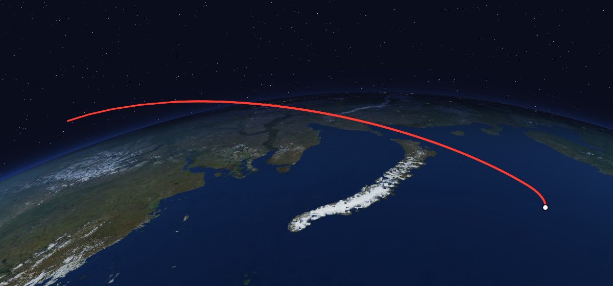 Cosmos-1: the flight path in 3D, from the pad to orbit, seen from space