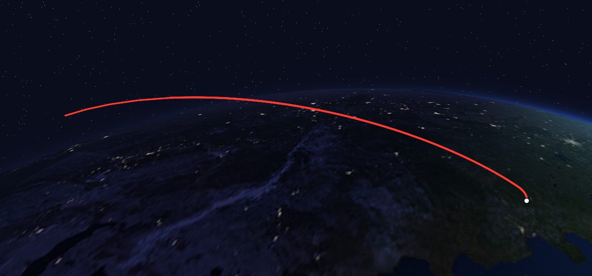 Zenit-4MKM 34: the flight path in 3D, from the pad to orbit, seen from space