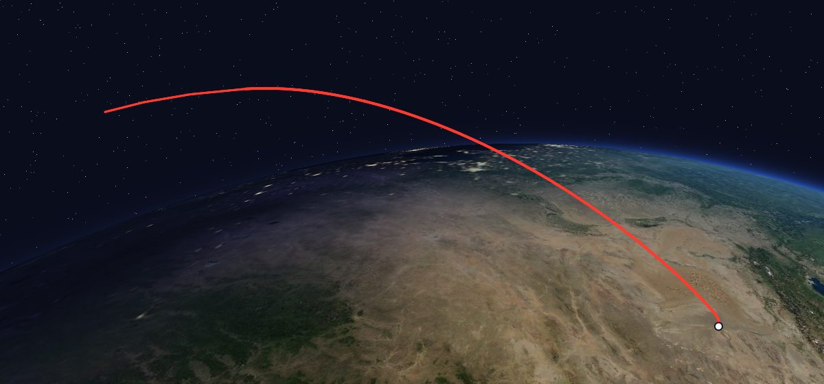 Unannounced payload: the flight path in 3D, from the pad to orbit, seen from space