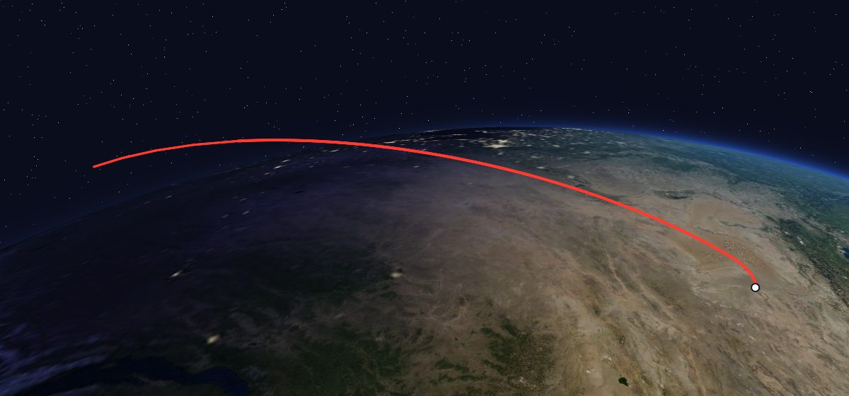 JSSW 4: the flight path in 3D, from the pad to orbit, seen from space