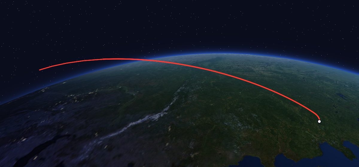 The flight path of Zenit-8 28 drawn on a map
