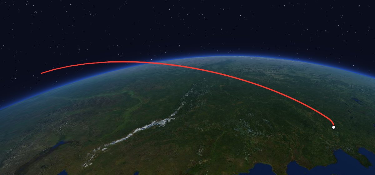 Zenit-4MKT 19: the flight path in 3D, from the pad to orbit, seen from space
