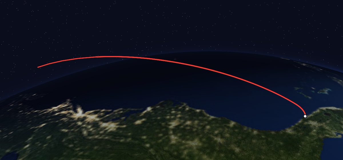 STS-48: the flight path in 3D, from the pad to orbit, seen from space