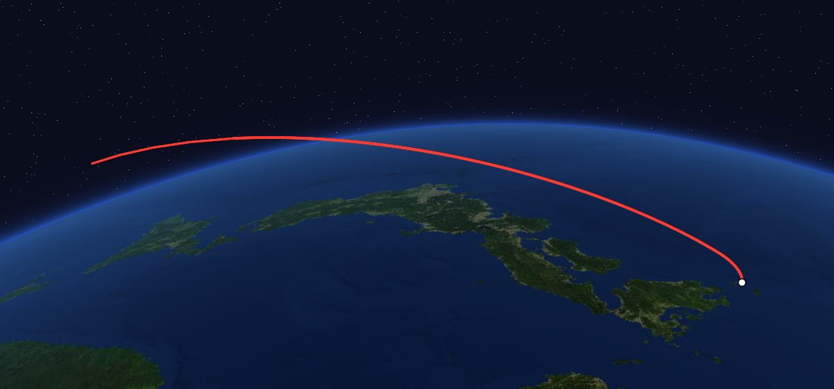 Momo 1a: the flight path in 3D, from the pad to orbit, seen from space