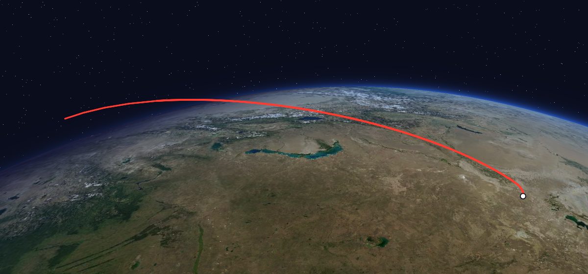 Raduga 34: the flight path in 3D, from the pad to orbit, seen from space